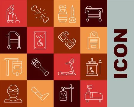 Set line Hospital bed, Elevator for disabled, Intercom, Syringe, Separated .. Ilustración de archivo