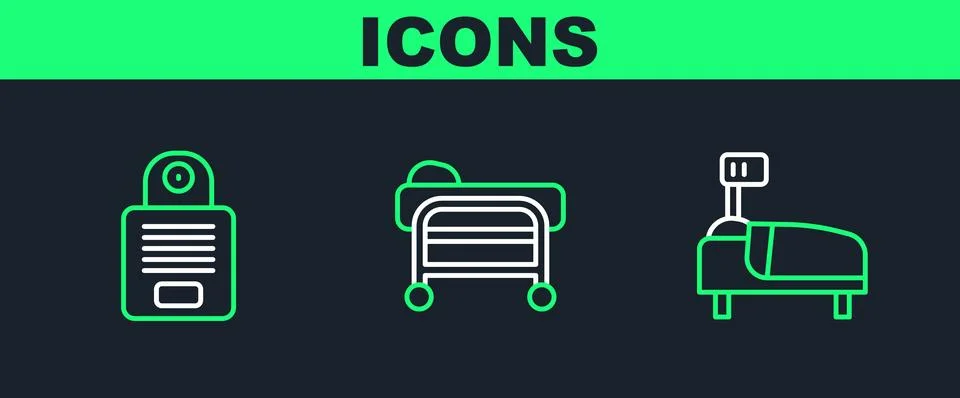 Set line Hospital bed, Intercom and Stretcher icon. Vector Stock Illustration