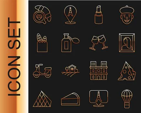 Set line Hot air balloon, Cheese, Portrait picture in museum, Lipstick, Perfume Stock Illustration