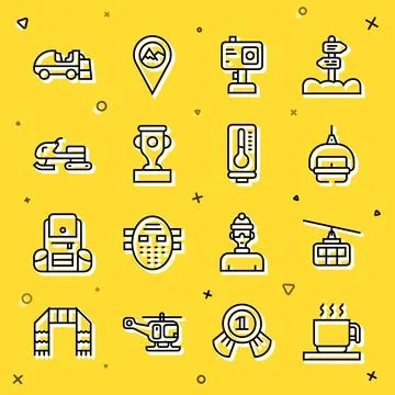 Set line Hot chocolate cup, Cable car, Ski lift, Action camera, Award Stock Illustration