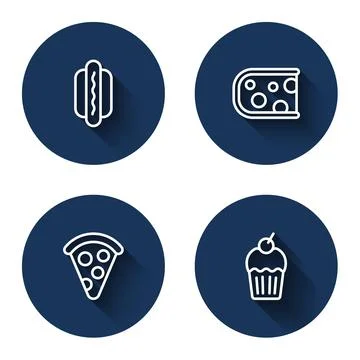 Set line Hotdog, Cheese, Slice of pizza and Muffin with long shadow. Blue circle イラスト素材