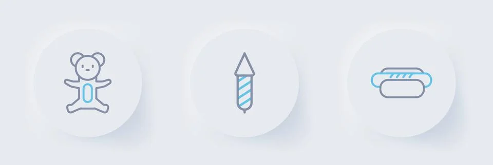 Set line Hotdog, Firework rocket and Teddy bear plush toy icon. Vector Stock Illustration