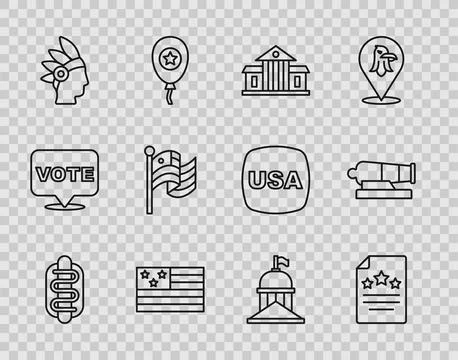 Set line Hotdog sandwich, Declaration of independence, White House, America.. Illustrazione stock