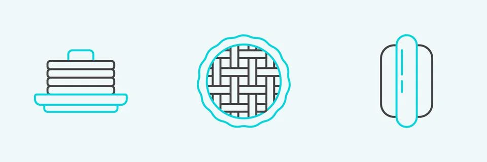 Set line Hotdog sandwich, Stack of pancakes and Homemade pie icon. Vector Stock Illustration