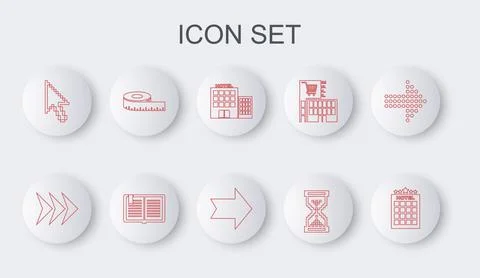 Set line Hotel building, Arrow, Hourglass pixel, Pixel arrow cursor, Tape m.. Stock Illustration