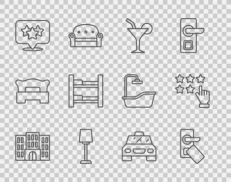 Set line Hotel building, Digital door lock, Cocktail, Table lamp, Stars rating Ilustración de archivo