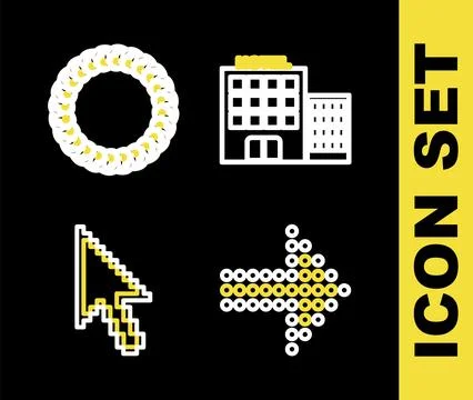 Set line Hotel building, Dots arrow, Pixel cursor and Laurel wreath icon. V.. Illustrazione stock