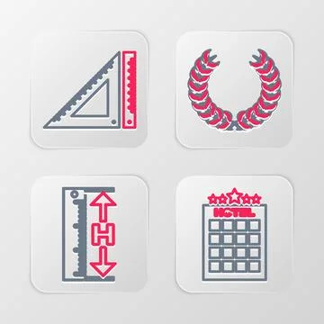 Set line Hotel building, Measuring height and length, Laurel wreath and Tri.. Illustrazione stock