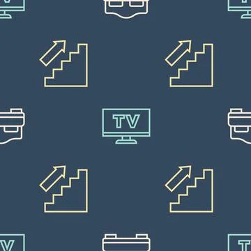 Set line Hotel room bed, Stairs up and Smart Tv on seamless pattern. Vector Stock Illustration