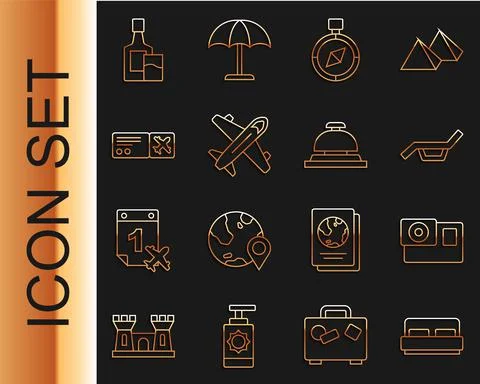 Set line Hotel room bed, Action camera, Sunbed and umbrella, Compass, Plane Illustrazione stock