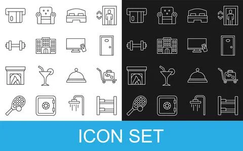 Set line Hotel room bed, Trolley suitcase, door, building, Dumbbell, Credit card Ilustración de archivo