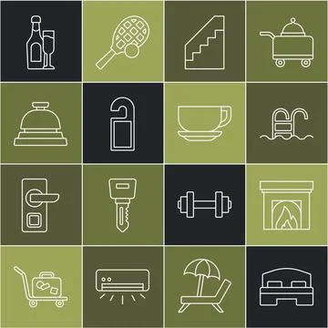Set line Hotel room bed, Interior fireplace, Swimming pool, Stairs, Please do Stock Illustration