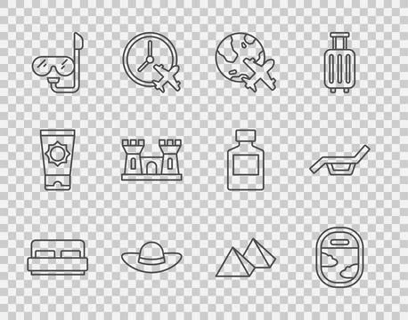 Set line Hotel room bed, Airplane window, Globe with flying, Elegant women hat Stock Illustration