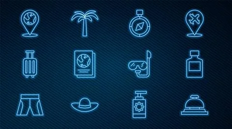 Set line Hotel service bell, Whiskey bottle, Compass, Passport, Suitcase, L.. Stock Illustration