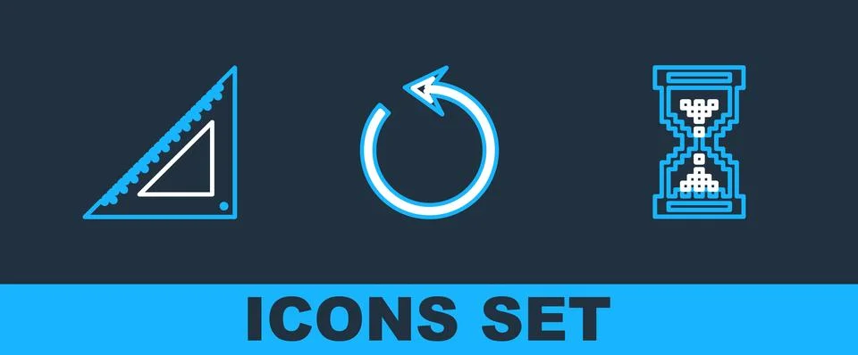 Set line Hourglass pixel, Triangular ruler and Refresh icon. Vector Stock-Illustration