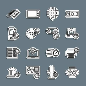 Set line Hourglass setting, Printer, Router and wi-fi, Setting, CD or DVD disk 스톡 일러스트