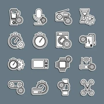 Set line Hourglass setting, Router and wi-fi, Power bank, Radio, Stopwatch, Time Stock Illustration