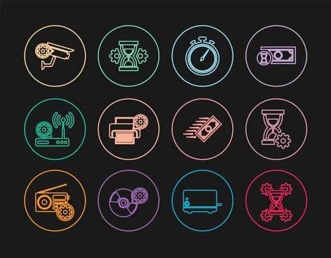 Set line Hourglass setting, Stopwatch, Printer, Router and wi-fi, Security Stock Illustration