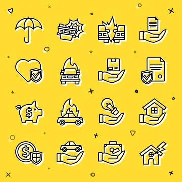 Set line House and lightning, hand, Contract with shield, Car accident, Bur.. Stock-Illustration
