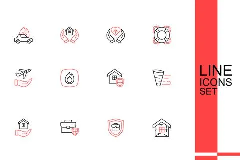 Set line House, Briefcase with shield, in hand, Tornado, Fire flame and Pla.. Stock Illustration