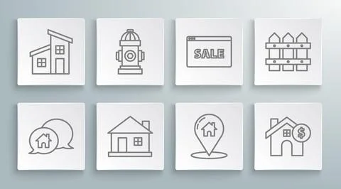 Set line House building in speech bubble, Fire hydrant, Map pointer with hous Ilustración de archivo