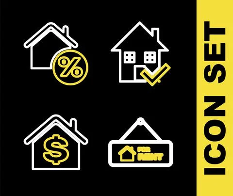 Set line House with check mark, Hanging sign For Rent, dollar and percant icon Ilustración de archivo