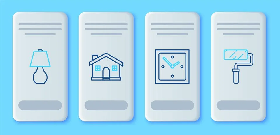 Set line House, Clock, Table lamp and Paint roller brush icon. Vector Stock Illustration