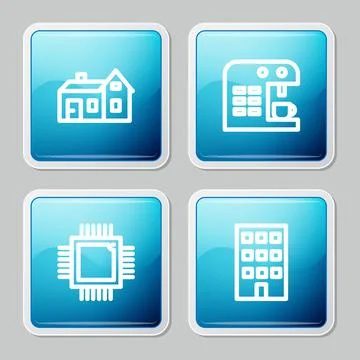 Set line House, Coffee machine, Processor with microcircuits CPU and icon Stock Illustration