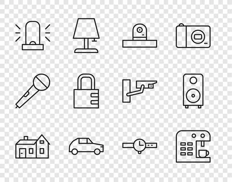 Set line House, Coffee machine, Security camera, Car, Flasher siren, Safe Stock Illustration