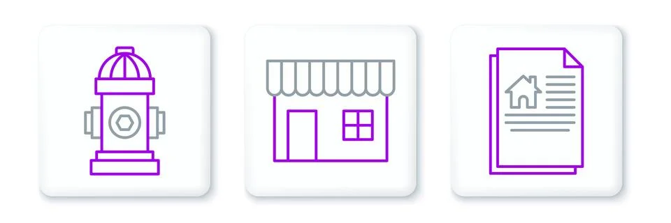 Set line House contract, Fire hydrant and Shopping building or market store icon Ilustración de archivo
