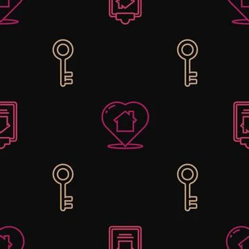 Set line House contract, key and with heart shape on seamless pattern. Vector 스톡 일러스트