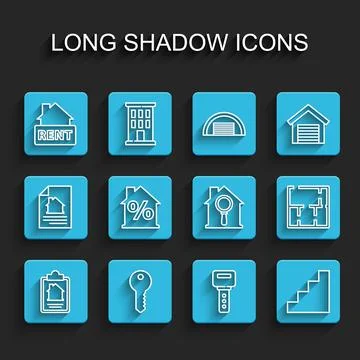 Set line House contract, key, Hanging sign with Rent, Staircase, percant Ilustración de archivo