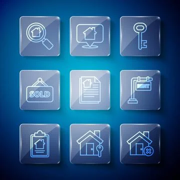 Set line House contract, with key, wrong mark, Hanging sign text Sold, Search Stock Illustration