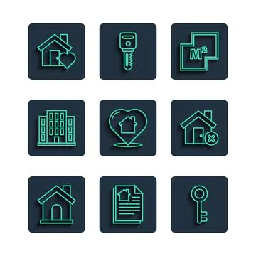 Set line House, contract, key, plan, with heart shape,  and wrong mark icon.. イラスト素材