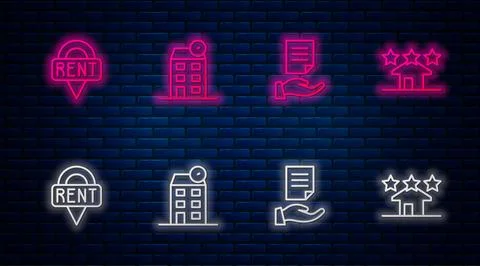 Set line House, contract, Location key and Real estate. Glowing neon icon o.. Stock Illustration