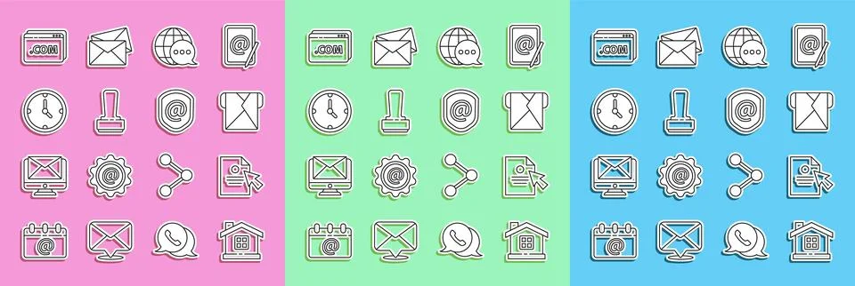 Set line House, Document and cursor, Envelope, World map made from speech bubble Stock Illustration