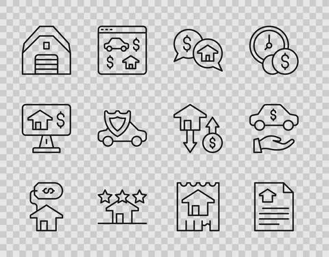Set line House with dollar, contract, Price negotiation, Real estate, Garage Stock Illustration