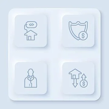 Set line House with dollar, Shield, Realtor and . White square button. Vector Stock Illustration