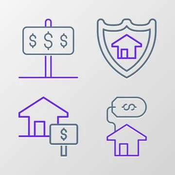 Set line House with dollar, shield and  icon. Vector Stock Illustration