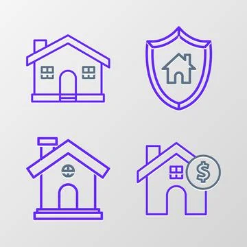 Set line House with dollar symbol, shield and  icon. Vector Stock Illustration
