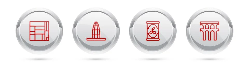 Set line House Edificio Mirador, Agbar tower, Olives in can and Aqueduct of Ilustración de archivo