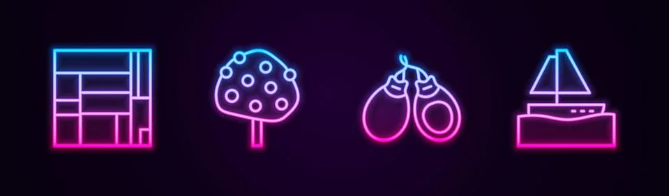 Set line House Edificio Mirador, Orange tree, Castanets and Yacht sailboat Stock-Illustration