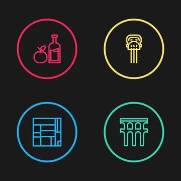 Set line House Edificio Mirador, Aqueduct of Segovia, Peineta and Apple cider Иллюстрация