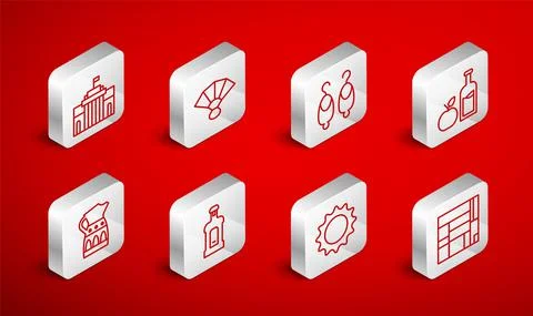 Set line House Edificio Mirador, Fan flamenco, Earrings, Apple cider bottle, Sun 스톡 일러스트