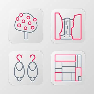 Set line House Edificio Mirador, Earrings, Algar waterfall and Orange tree icon Illustration