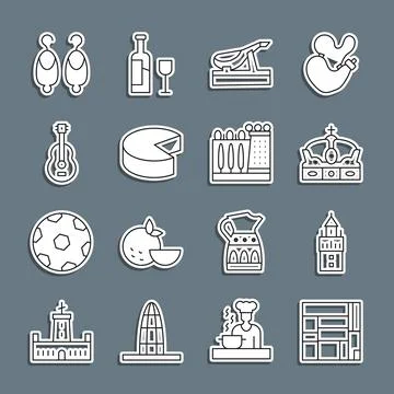 Set line House Edificio Mirador, Giralda, Crown of spain, Spanish jamon, Cheese Illustration