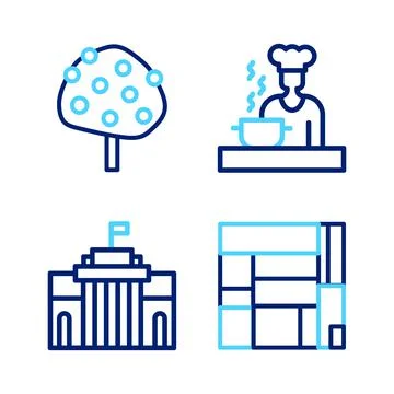 Set line House Edificio Mirador, Prado museum, Spanish cook and Orange tree icon Stock-Illustration