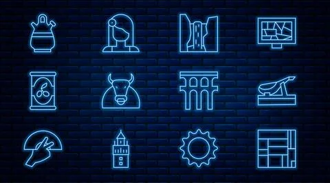 Set line House Edificio Mirador, Spanish jamon, Algar waterfall, Bull, Olives in 스톡 일러스트