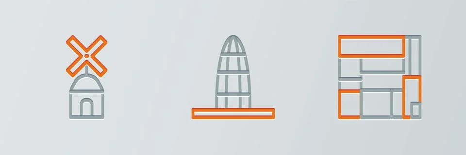 Set line House Edificio Mirador, Windmill and Agbar tower icon. Vector 스톡 일러스트