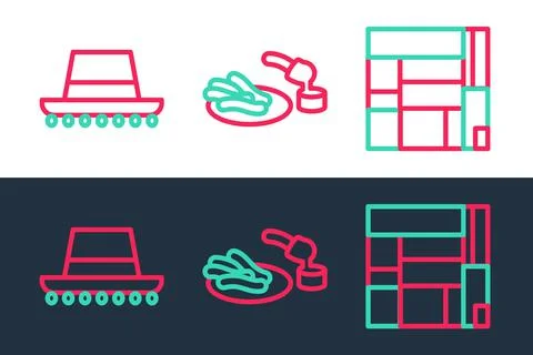 Set line House Edificio Mirador, Spanish hat and Churros and chocolate icon Illustration